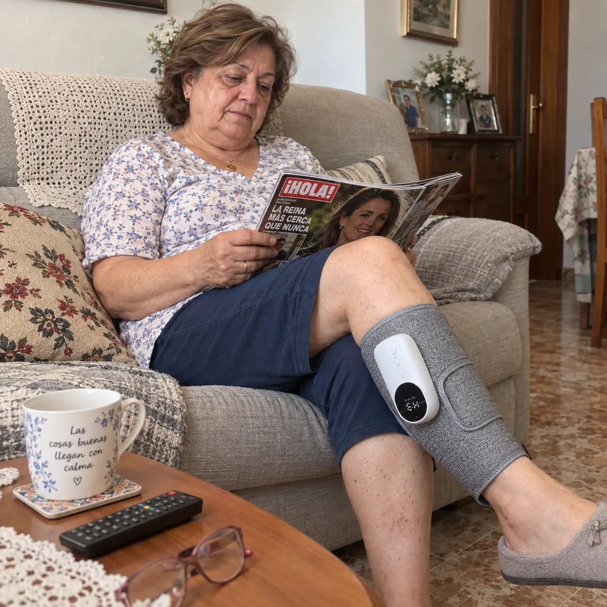Mujer con el Confortia puesto, leyendo tranquila en el sillón