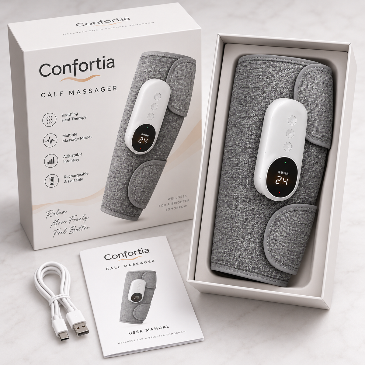 La caja del Confortia con el masajeador, el cable y el manual