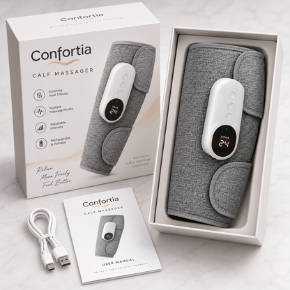 La caja del Confortia con el masajeador, el cable y el manual