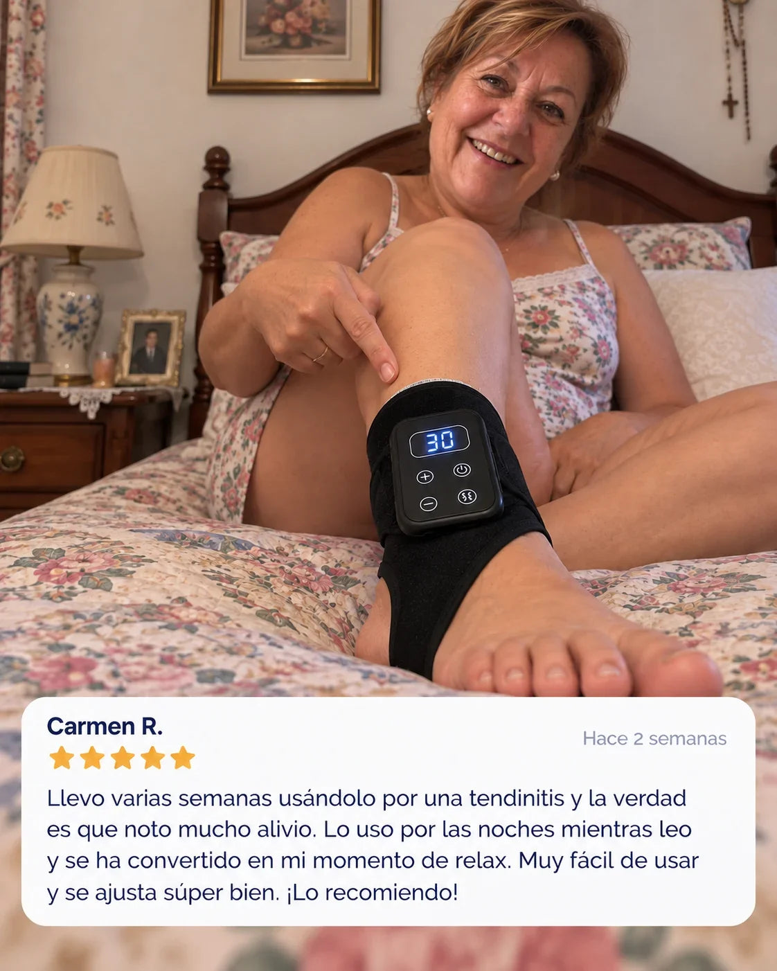 Carmen R. usando el Thermostep en la cama, con su reseña
